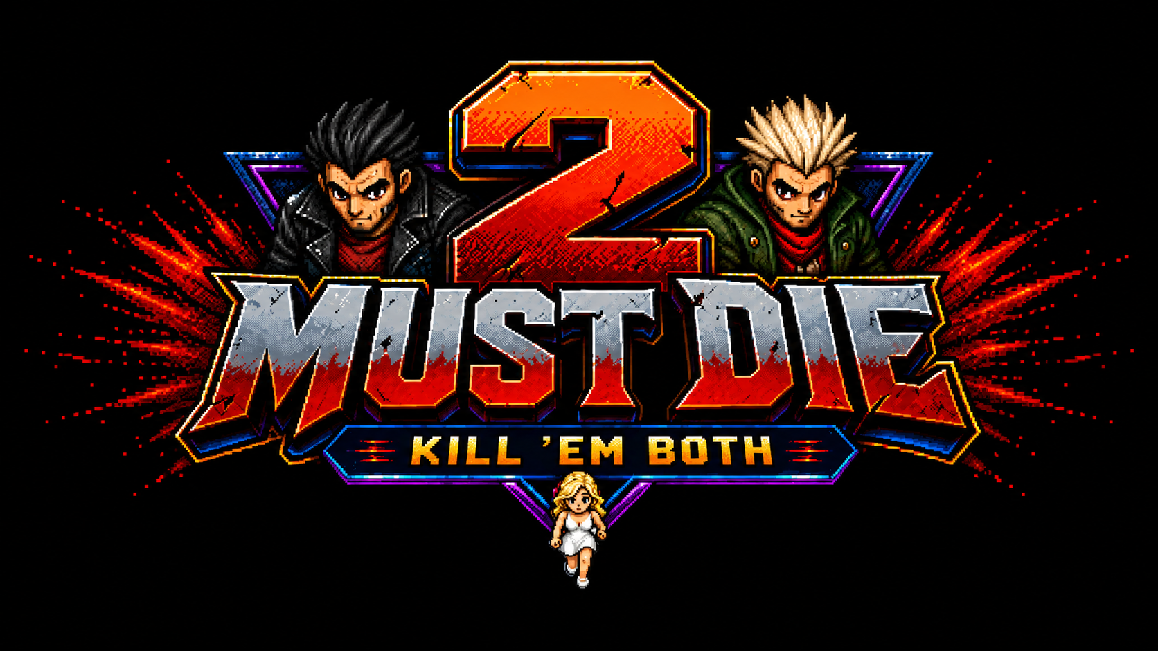 2 Must Die — Kill ’Em Both, kleurrijk pixellogo met gamepersonages op een zwarte achtergrond